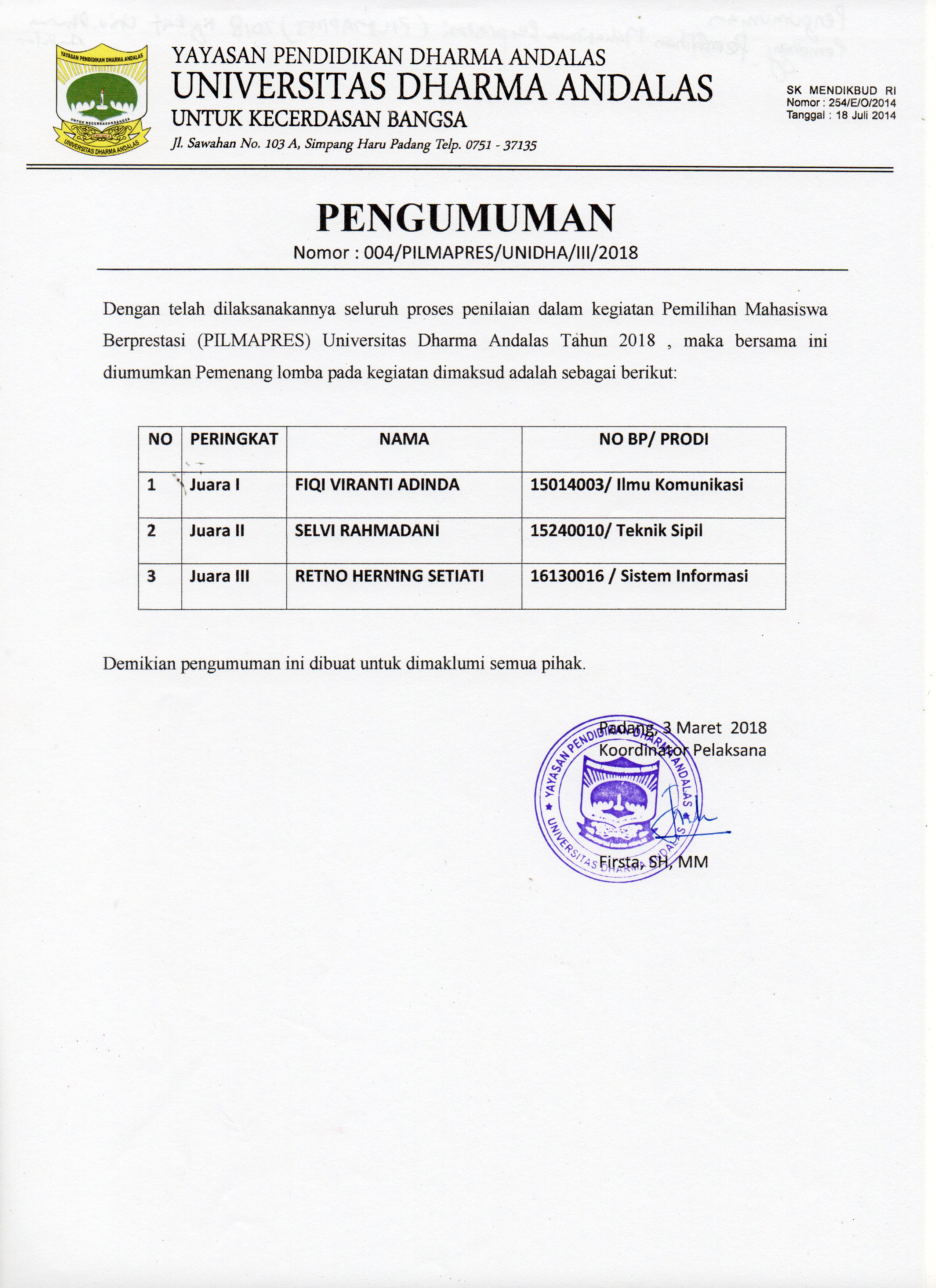 Pemenang Pemilihan Mahasiswa Berprestasi (PILMAPRES) 2018 Tingkat Universitas Dharma Andalas