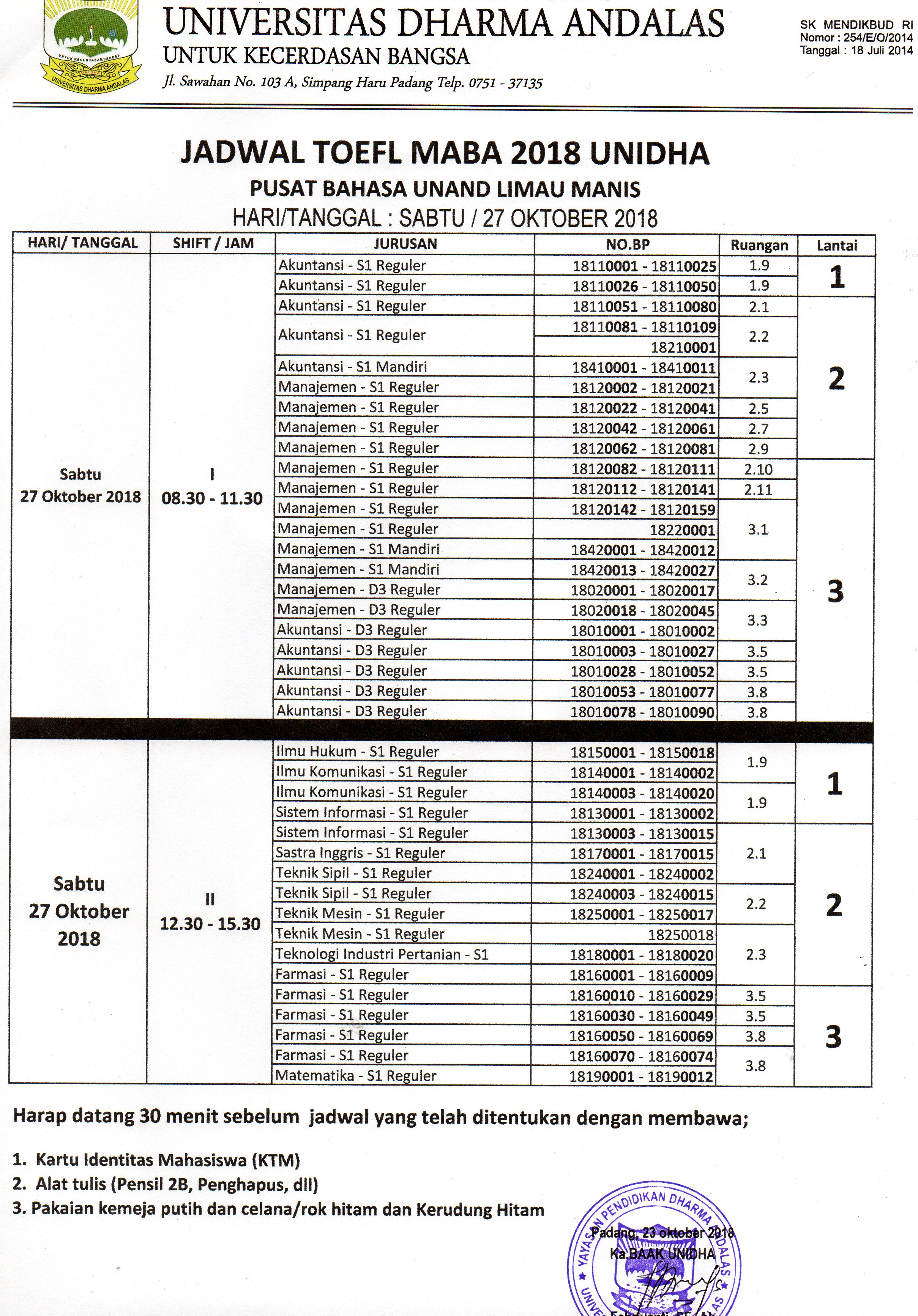 Jadwal Test TOEFL Mahasiswa BP 2018