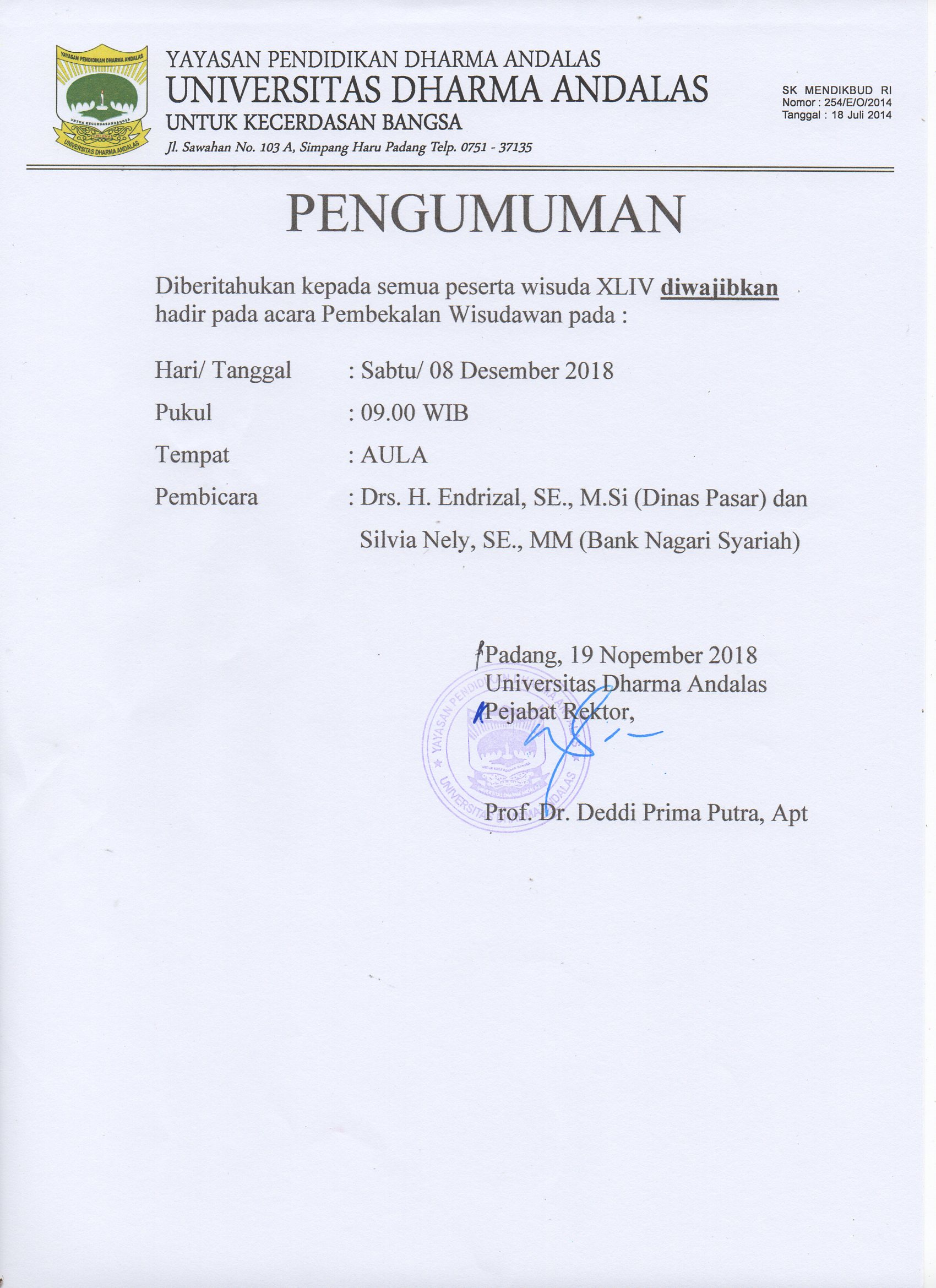 Jadwal Pembekalan Wisudawan/ti