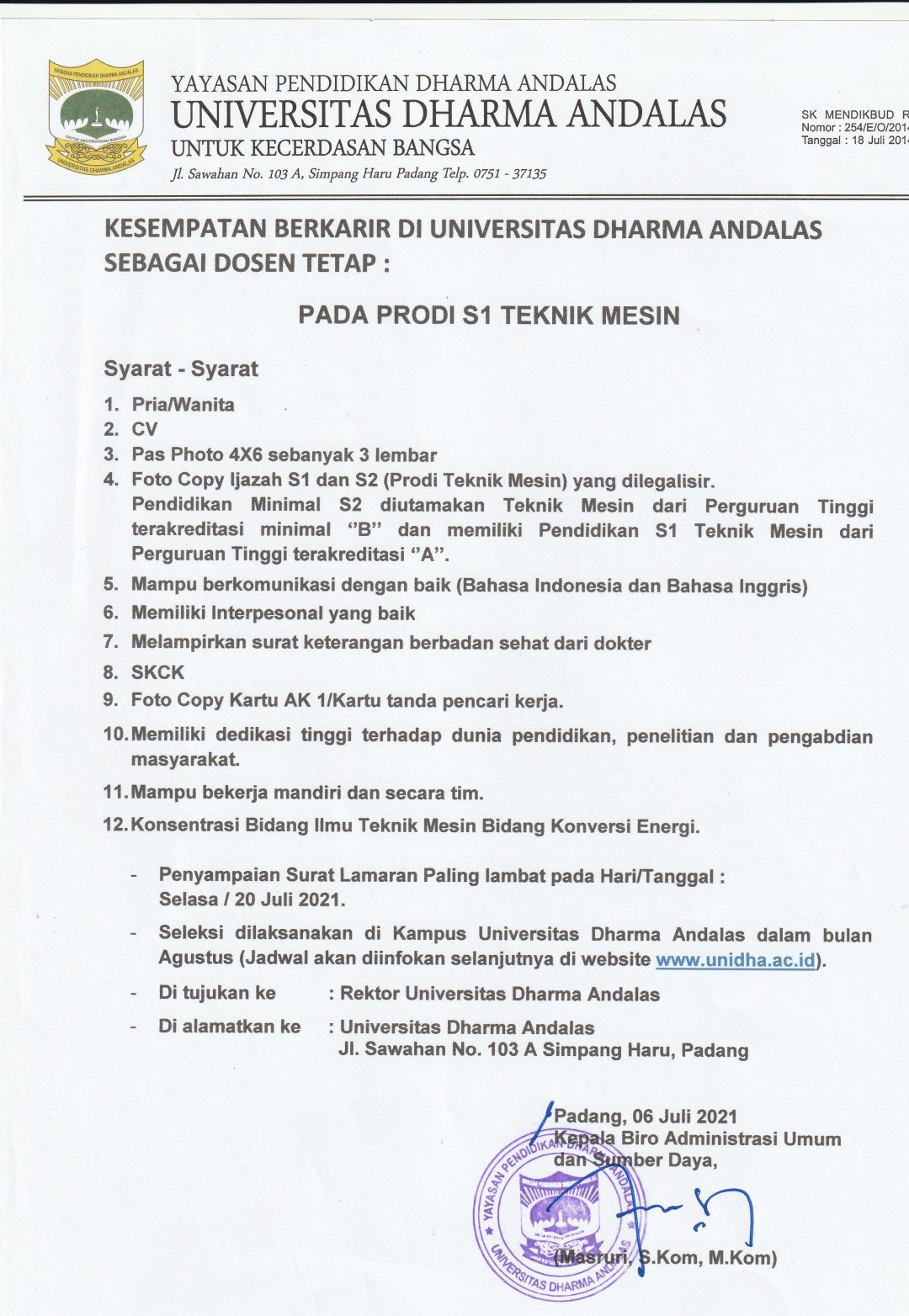 Kesempatan Berkarir Pada Prodi S1 Teknik Mesin Sebagai Dosen Tetap