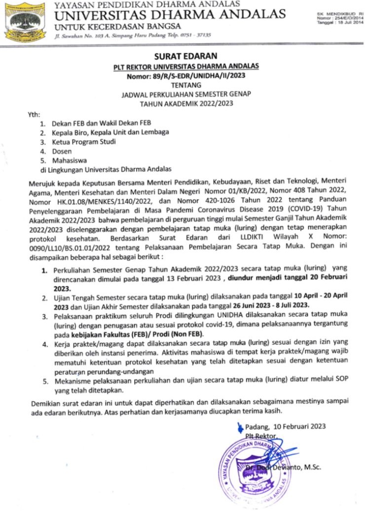 PENGUMUMAN: Jadwal Perkuliahan UNIDHA Semester Genap Tahun Akademik 2022/2023