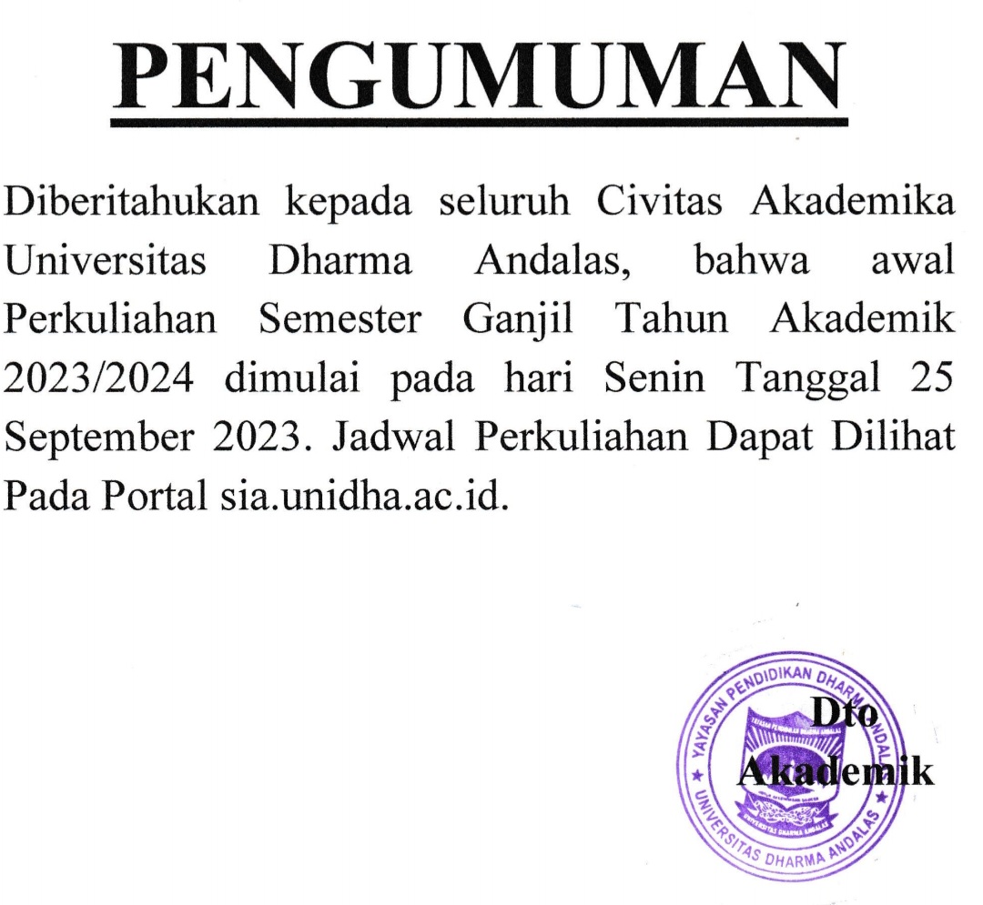 Pengumuman Awal Perkuliahan Semester Ganjil Tahun Aajaran 2023/2024