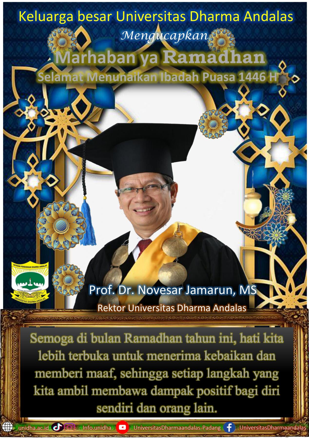 Rektor Universitas Dharma Andalas mewakili seluruh Civitas Akademika Ucapkan Selamat Menunaikan Ibadah Ramadhan 1446 Hijriah 2025