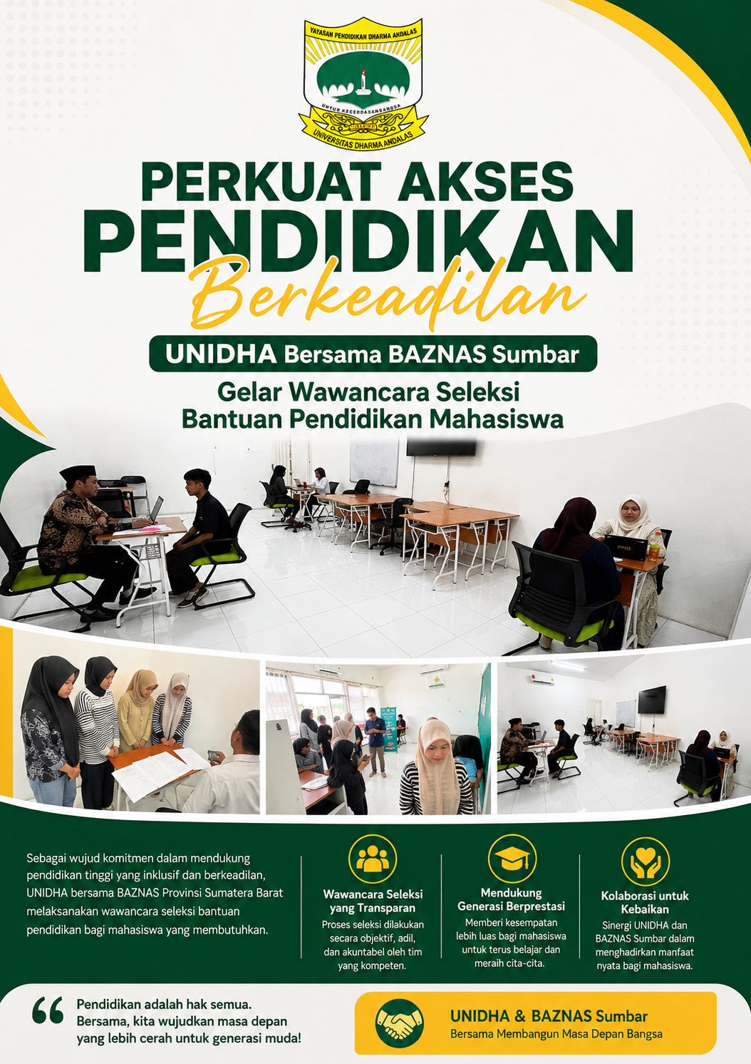 Perkuat Akses Pendidikan Berkeadilan, UNIDHA Bersama BAZNAS Sumbar Gelar Wawancara Seleksi Bantuan Pendidikan Mahasiswa