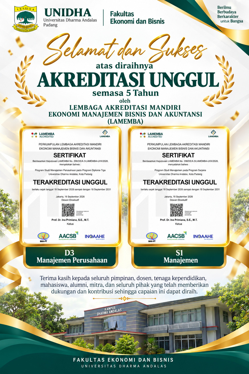 S1 Manajemen dan D3 Manajemen Perusahaan UNIDHA Raih Akreditasi Unggul